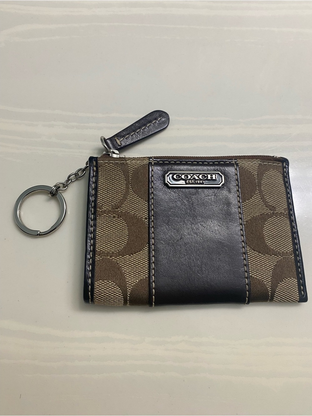 Coach Brown Signature Canvas & Dark Brown Leather Card Case Keyring